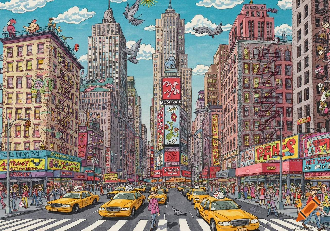 A vibrant, busy street scene in a large city, reminiscent of James Rizzi's Pop Art style, with yellow taxis, pedestrians, and colorful billboards.