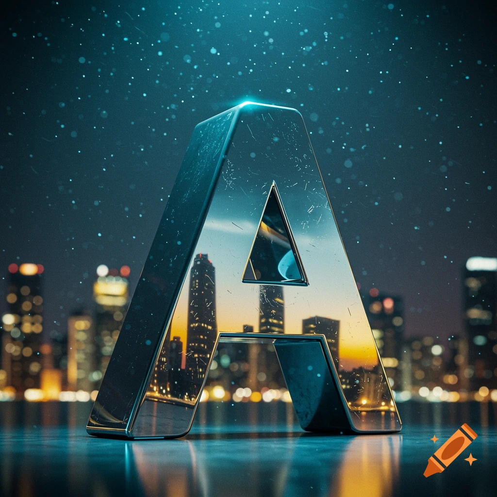 A large, metallic, reflective letter A stands on a dark surface, reflecting a blurred city skyline at sunset or dusk under a starry sky.