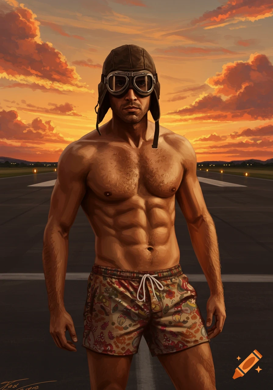 Digital painting of a muscular man in an aviator hat and goggles, wearing patterned shorts, standing on an airport runway at sunset.