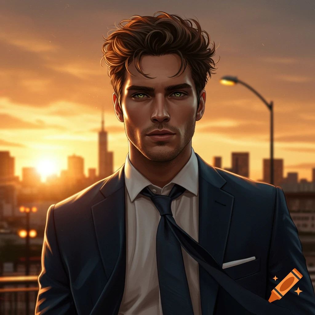 A handsome man with dark hair and green eyes in a suit and tie, standing against a sunset city skyline.