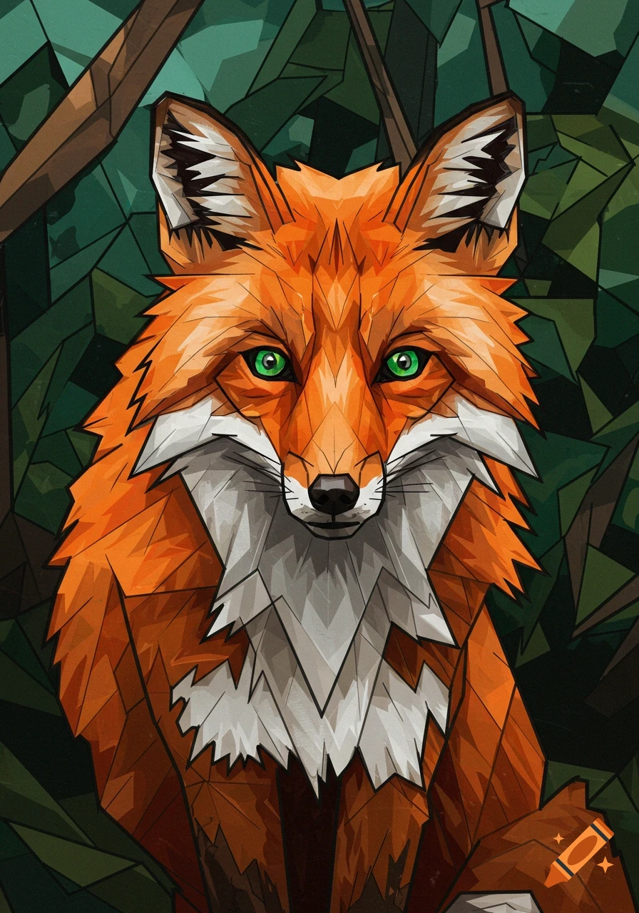 A cubist style drawing of a fox with bright green eyes, set against a geometric green and brown background.