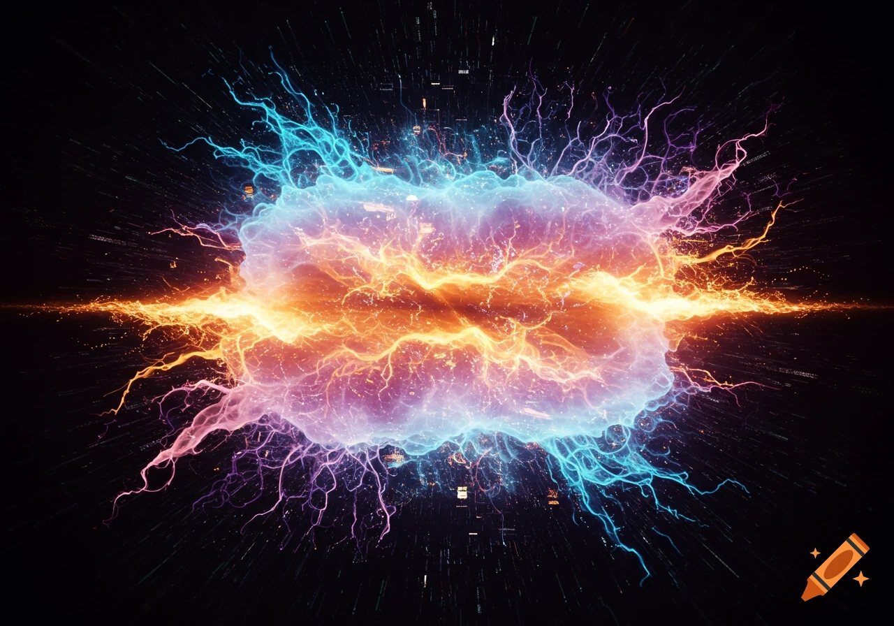 A vibrant abstract explosion of orange and blue energy with lightning-like tendrils against a dark background.