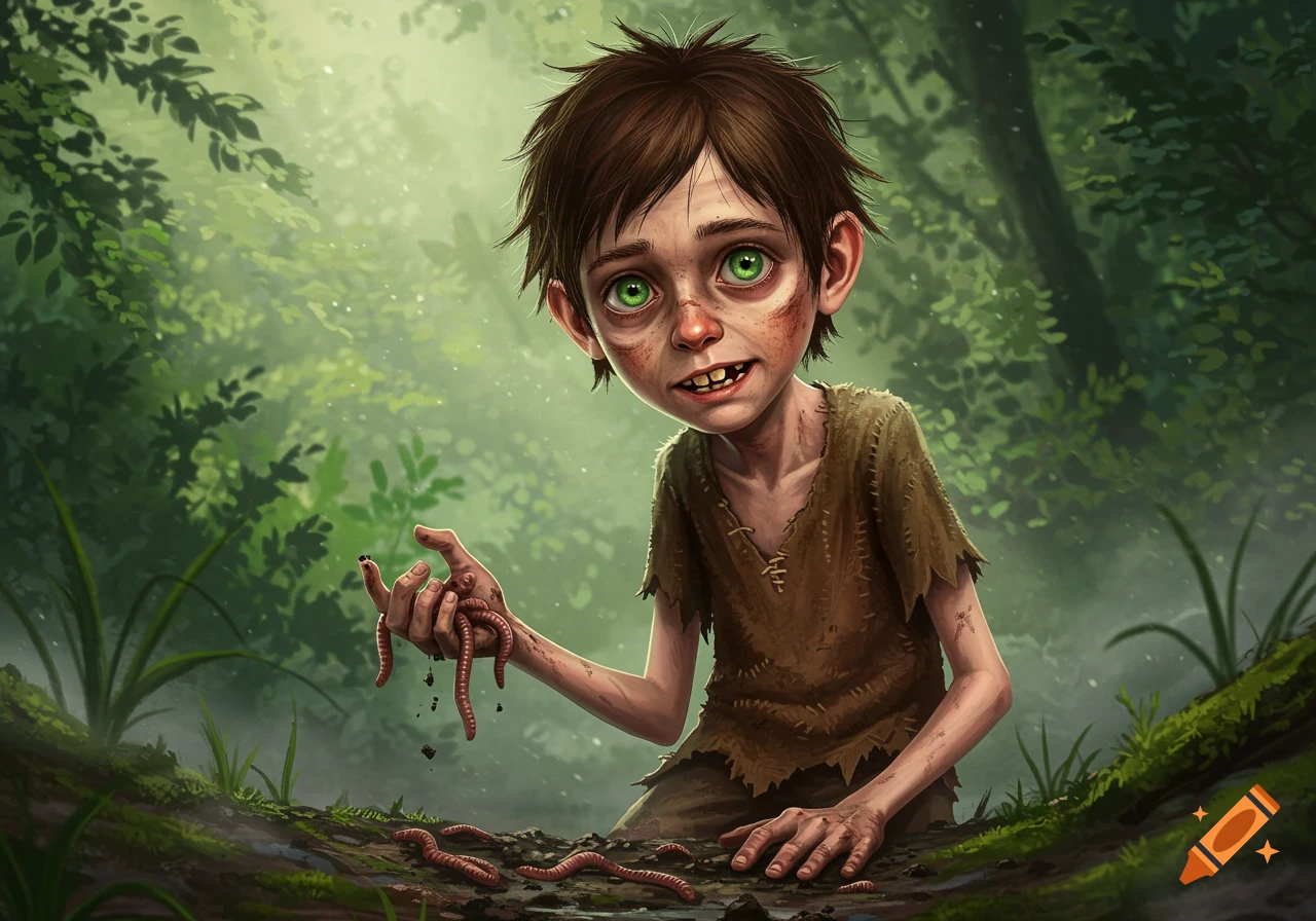 A stylized illustration of a scrawny, dirty boy with green eyes in a forest, holding and eating worms from the muddy ground.