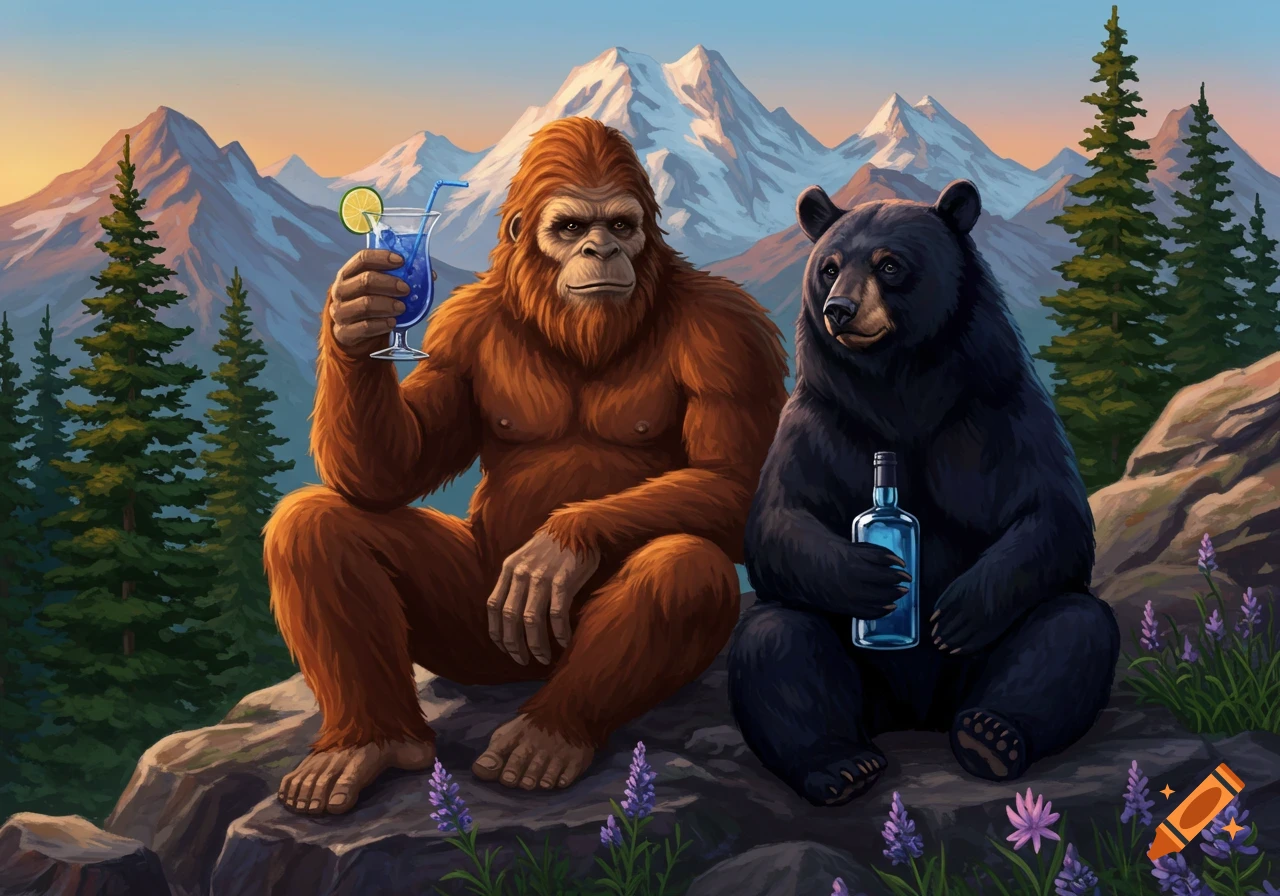 An illustration of a Sasquatch and a black bear sitting on rocks in a mountain landscape at sunset. The Sasquatch drinks a blue cocktail, and the bear holds a blue bottle.