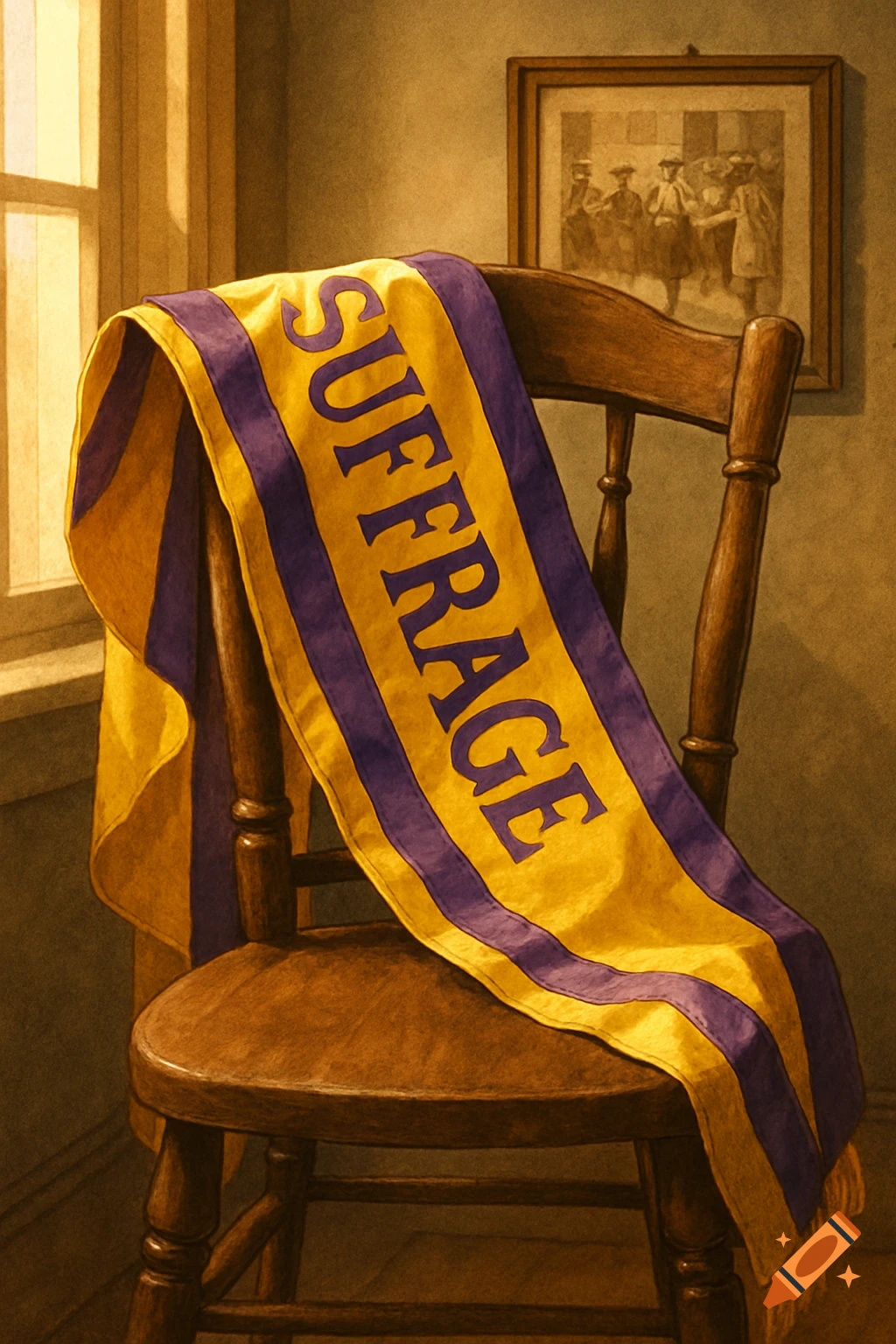 Yellow and purple 'SUFFRAGE' sash draped over a wooden chair in a sunlit room, with a framed picture on the wall.