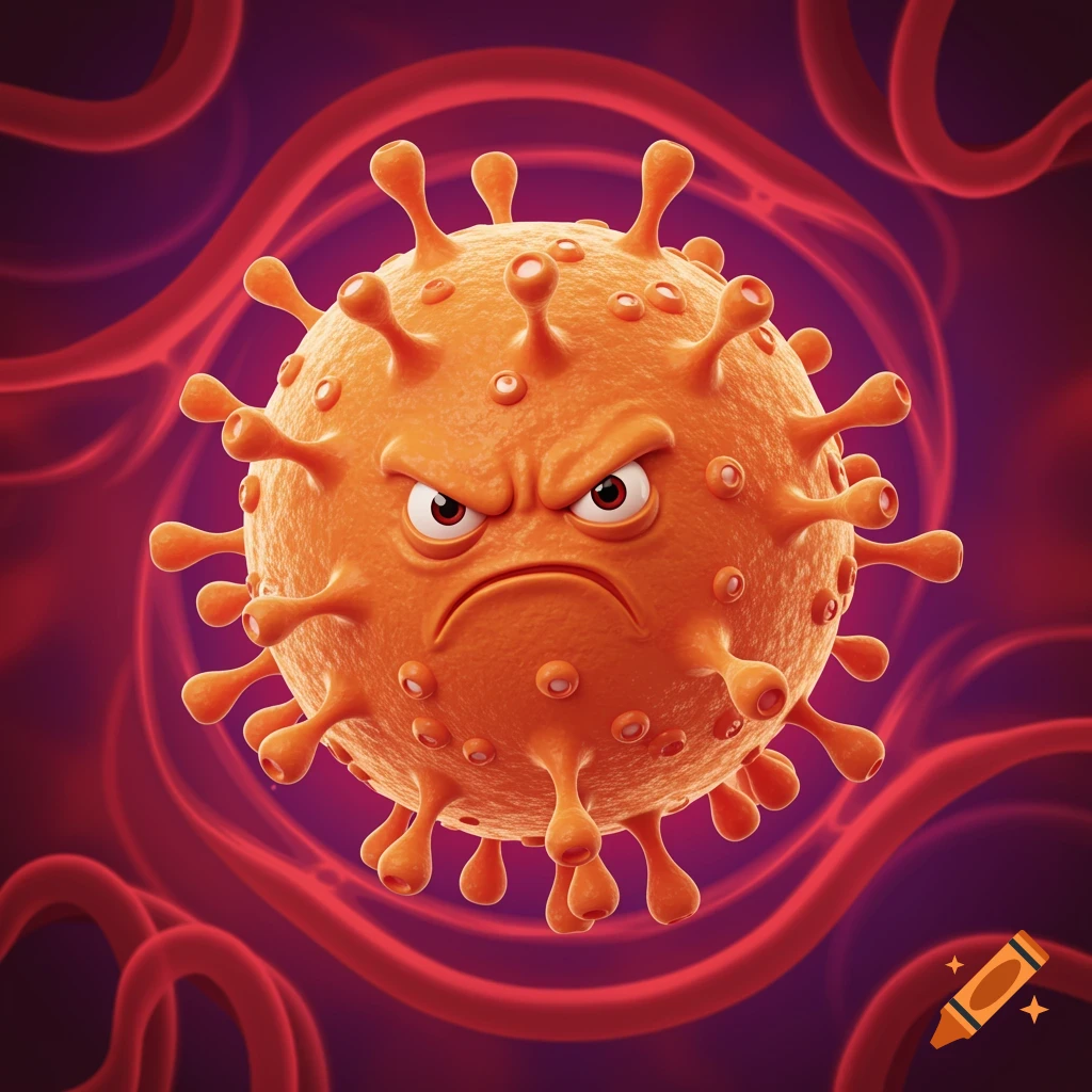 A 3D cartoon render of an orange virus particle with an angry facial expression, set against a red and purple background with swirling lines.