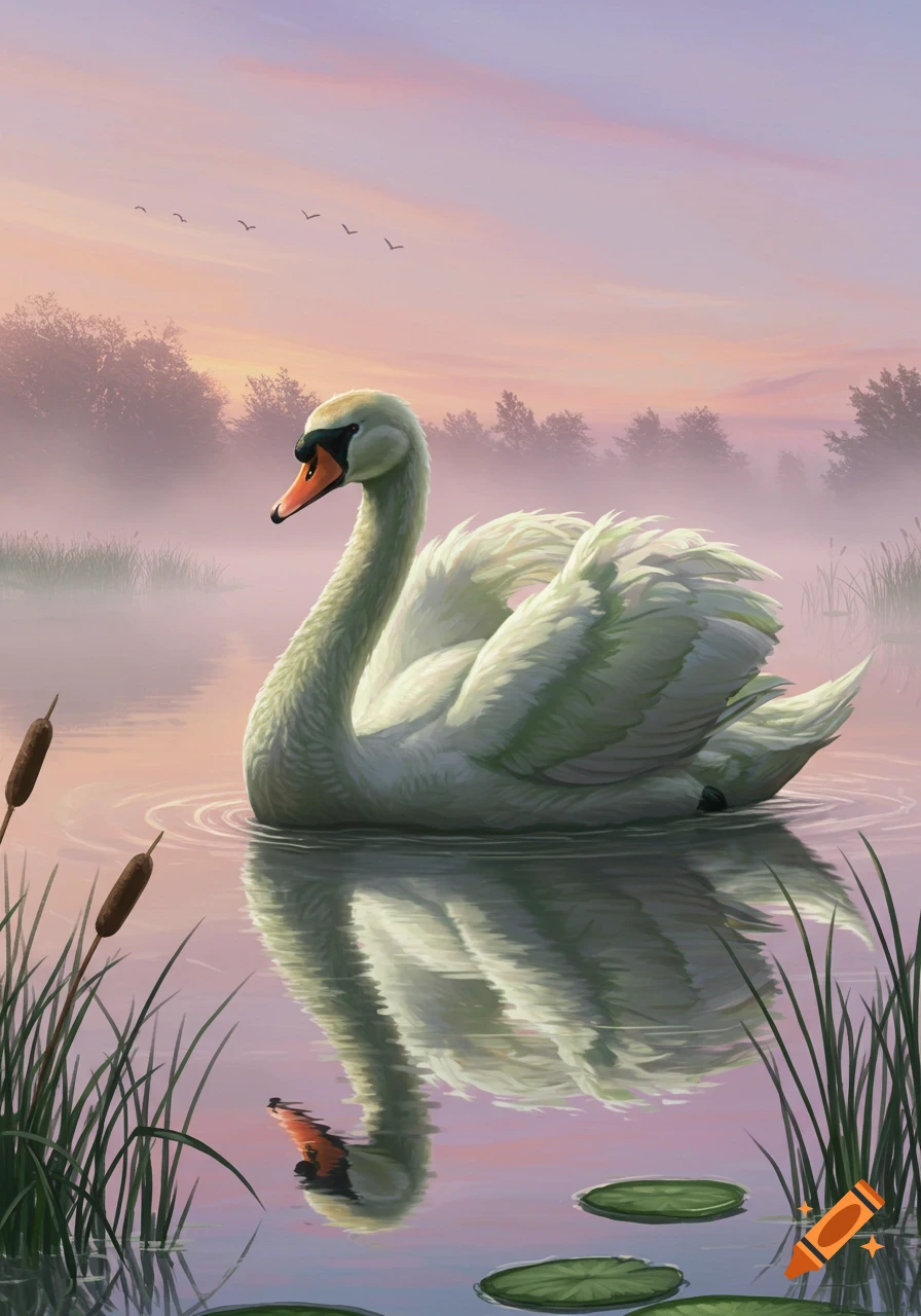 A white swan gracefully floats on a misty lake at sunrise with reeds, lily pads, and distant trees.