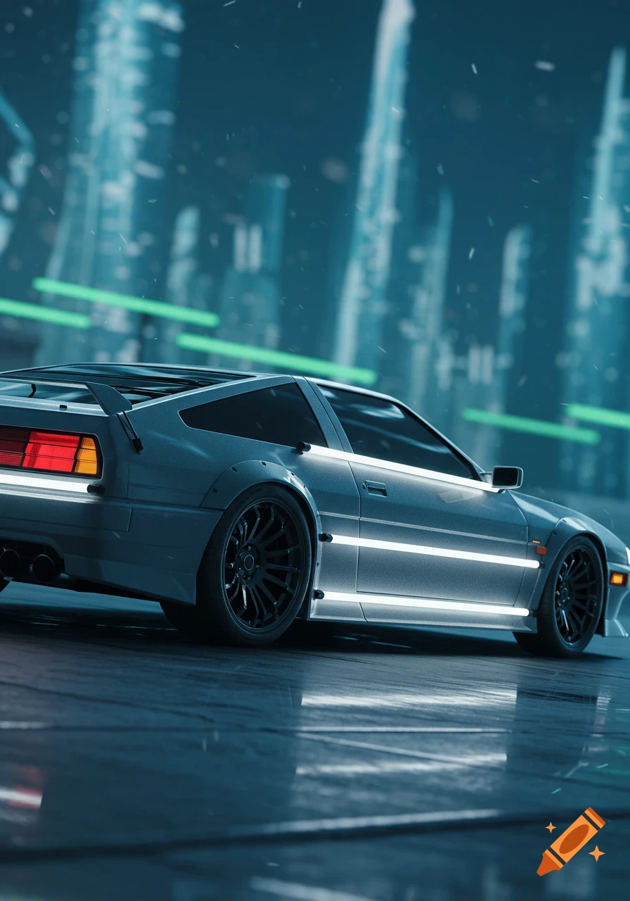 A futuristic car with glowing white underglow lights parked on a wet surface in a cyberpunk city, digital art style.