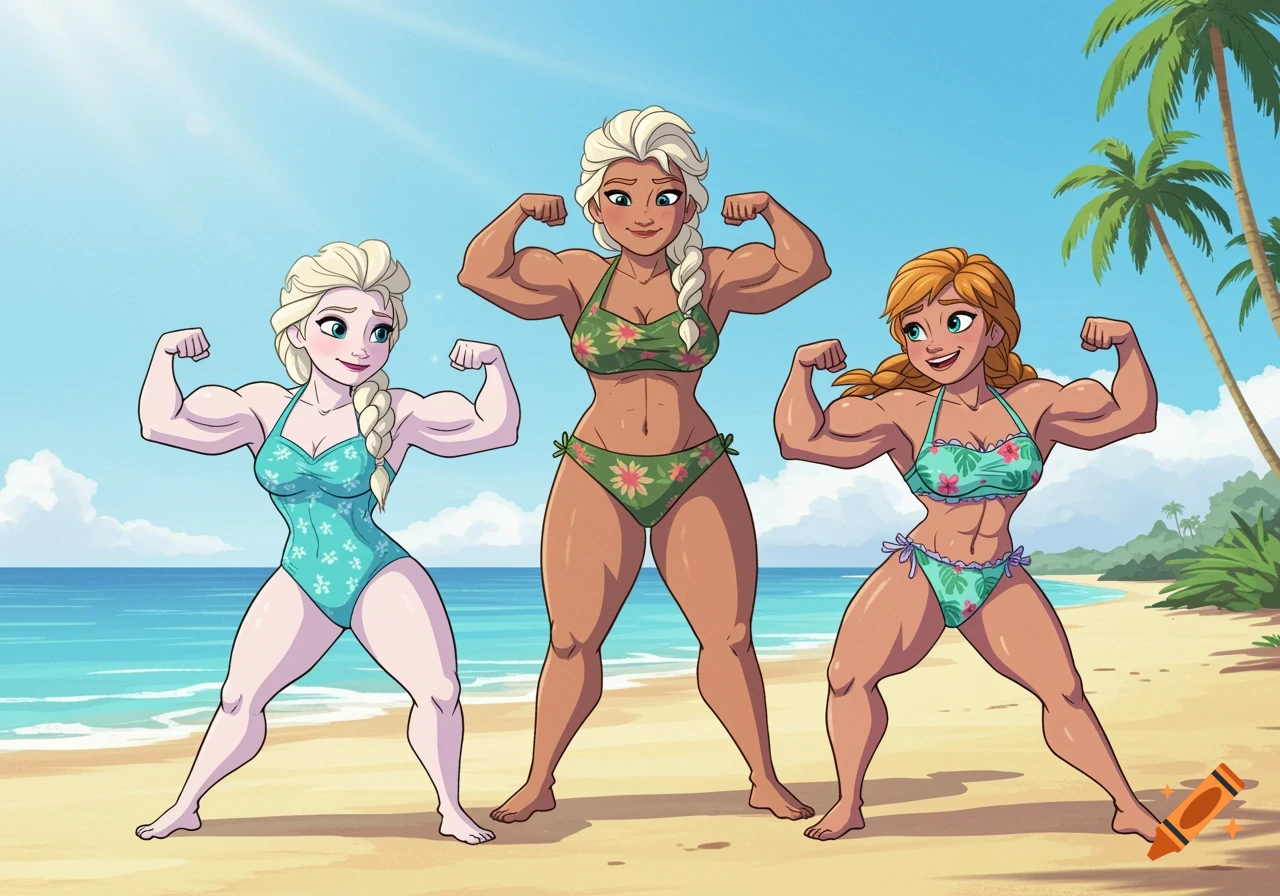 Three muscular cartoon women resembling Elsa, Anna, and their mother flex their biceps on a sunny beach.