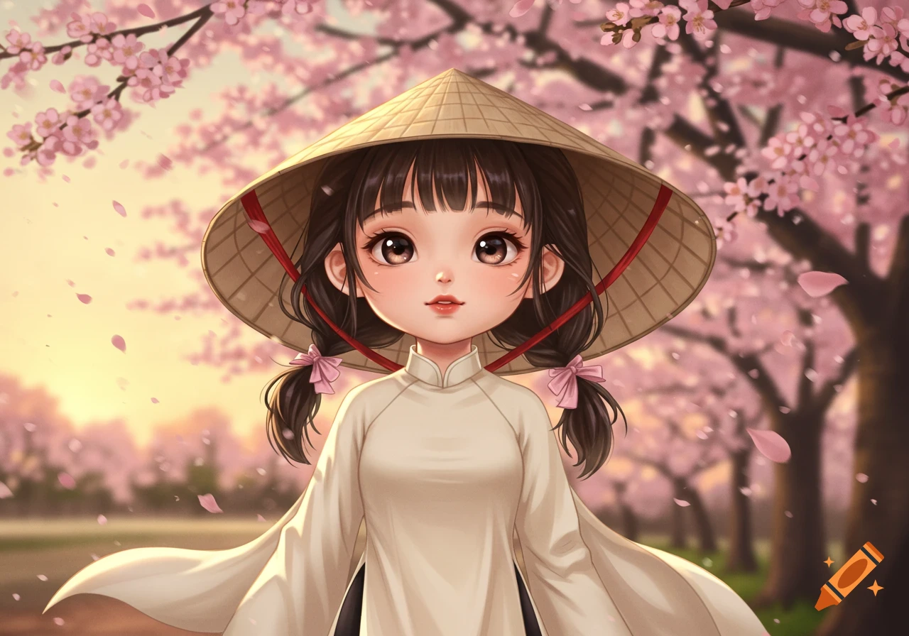 Cute anime girl in white Ao Dai and conical hat, surrounded by pink cherry blossoms and falling petals.