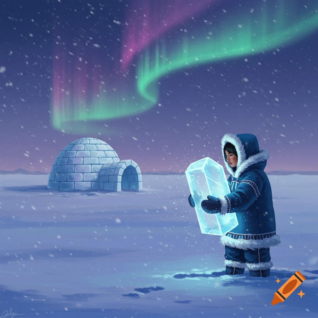 An Inuit child in a blue parka holds a glowing ice block in a snowy landscape with an igloo and aurora borealis.