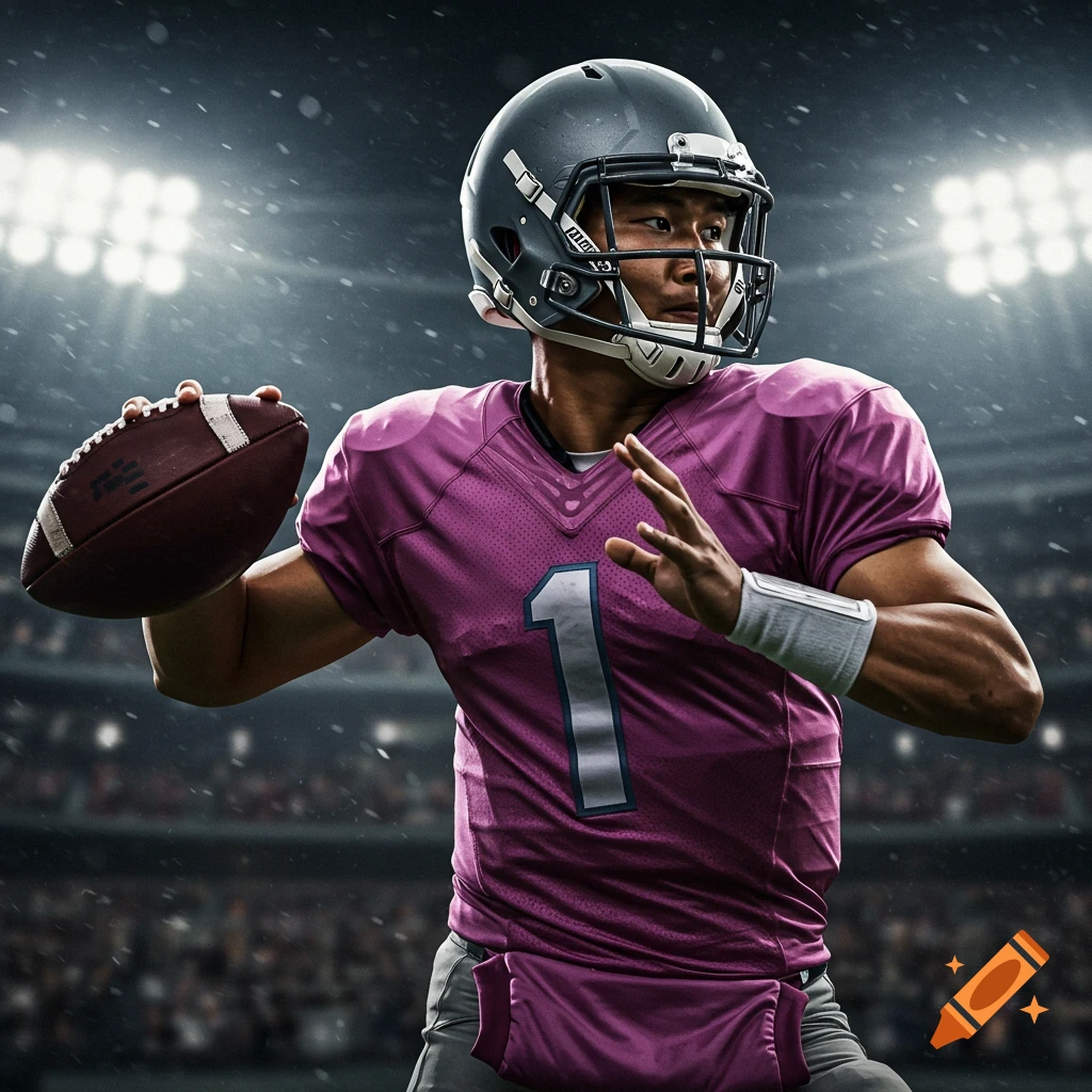 Photorealistic image of an Asian quarterback in a purple jersey throwing a football in a stadium at night.