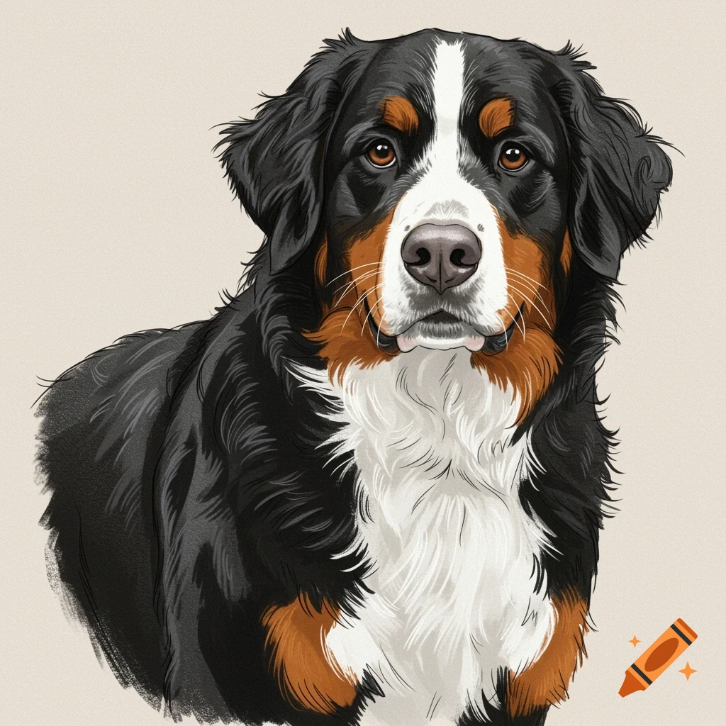A close-up illustration of a Bernese Mountain Dog looking forward on a light background.