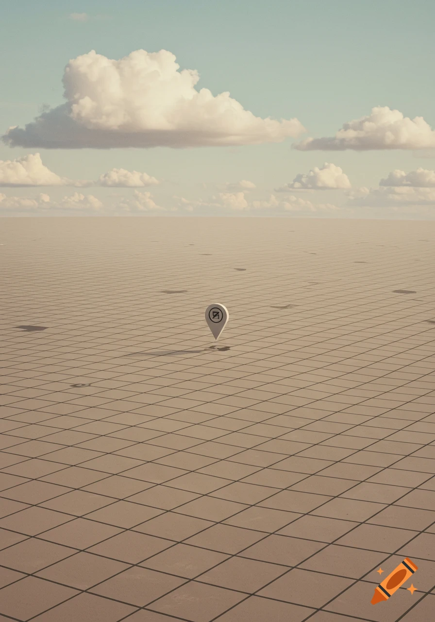 A vast, flat, grid-patterned landscape stretches to the horizon under a cloudy sky, with a single white location pin icon in the center.