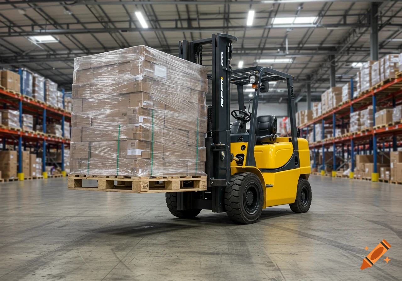 A yellow forklift carrying a pallet of shrink-wrapped boxes in a warehouse with rows of shelves.