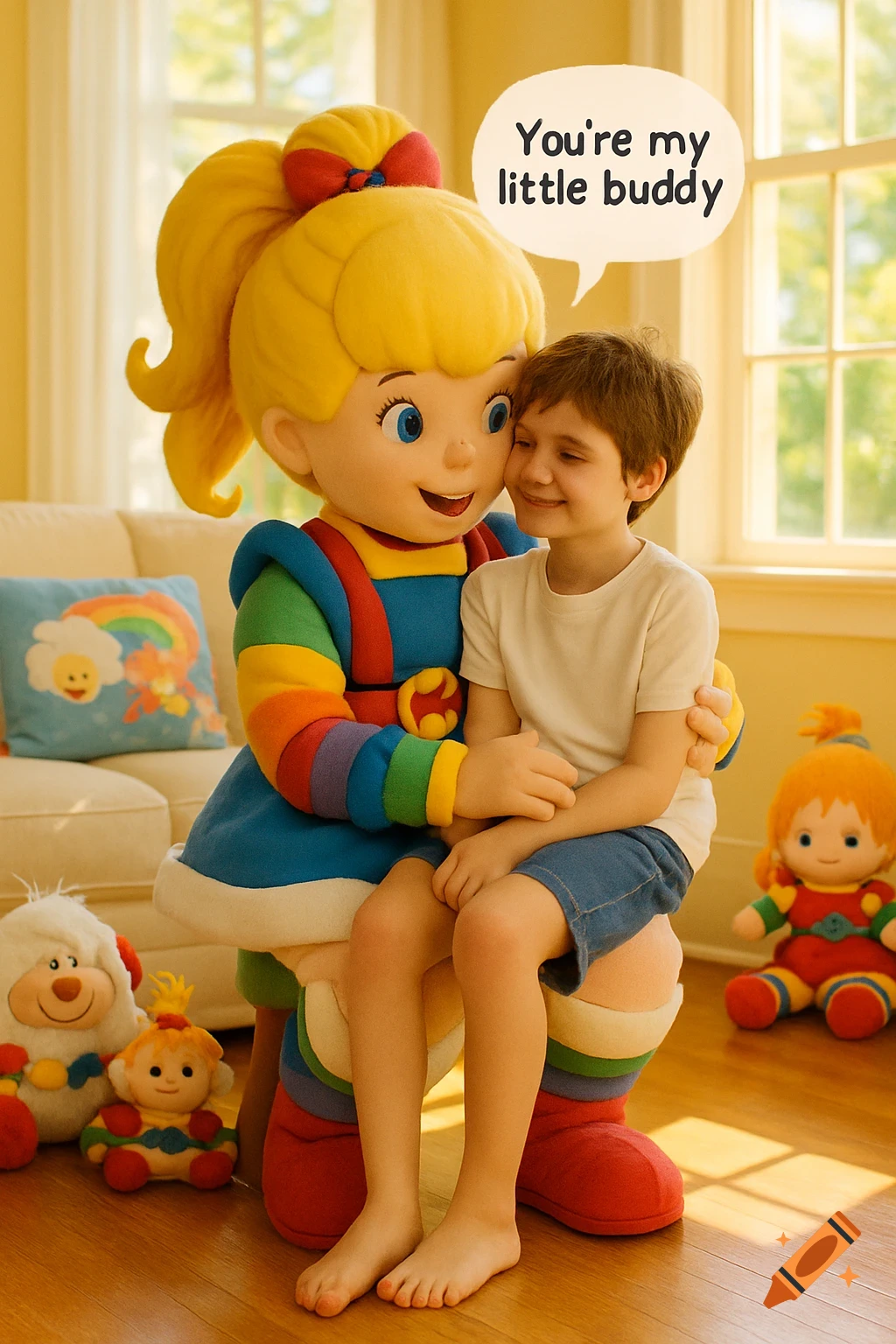 A boy sits on a Rainbow Brite mascot's lap, embraced by her, with a speech bubble reading 'You're my little buddy' in a bright room.