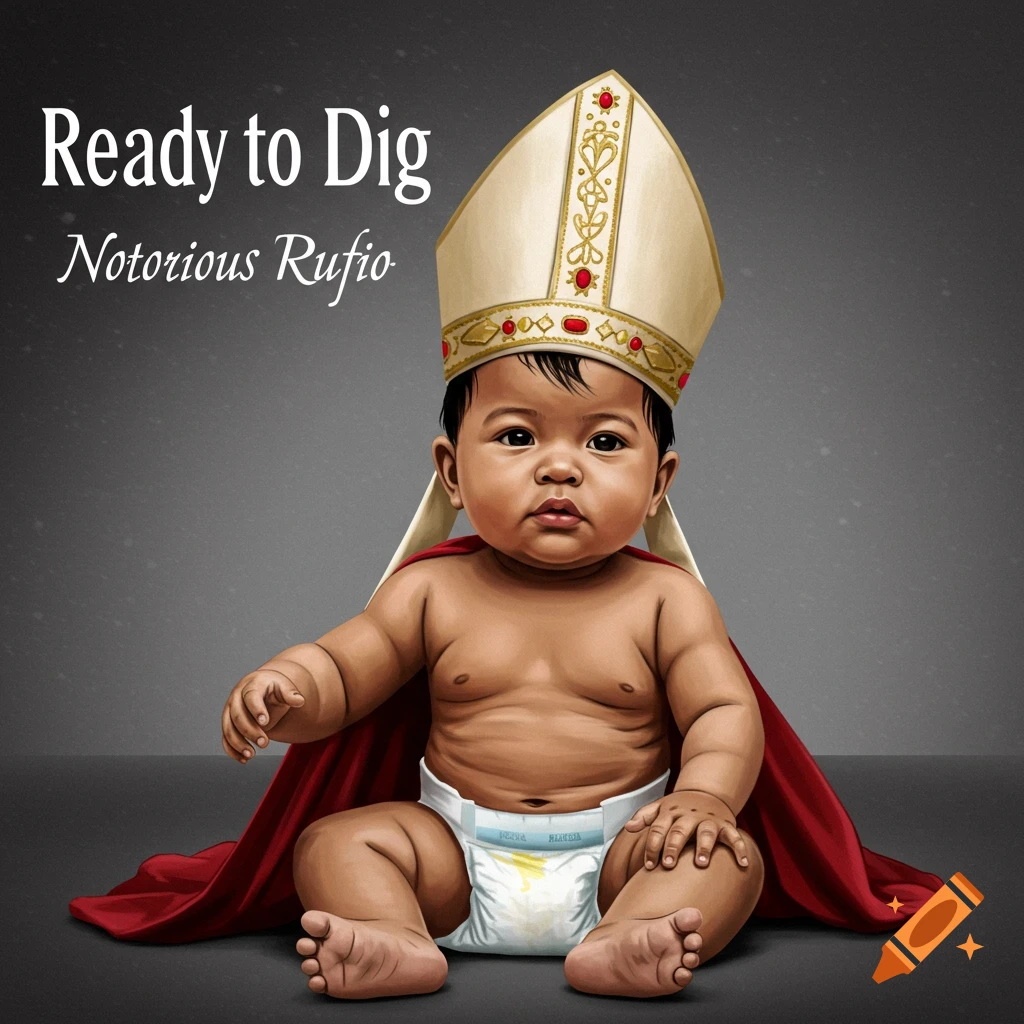 An illustration of a Filipino baby in a white diaper wearing a tall, decorated pope's hat and a red cape. Text reads "Ready to Dig" and "Notorious Rufio".