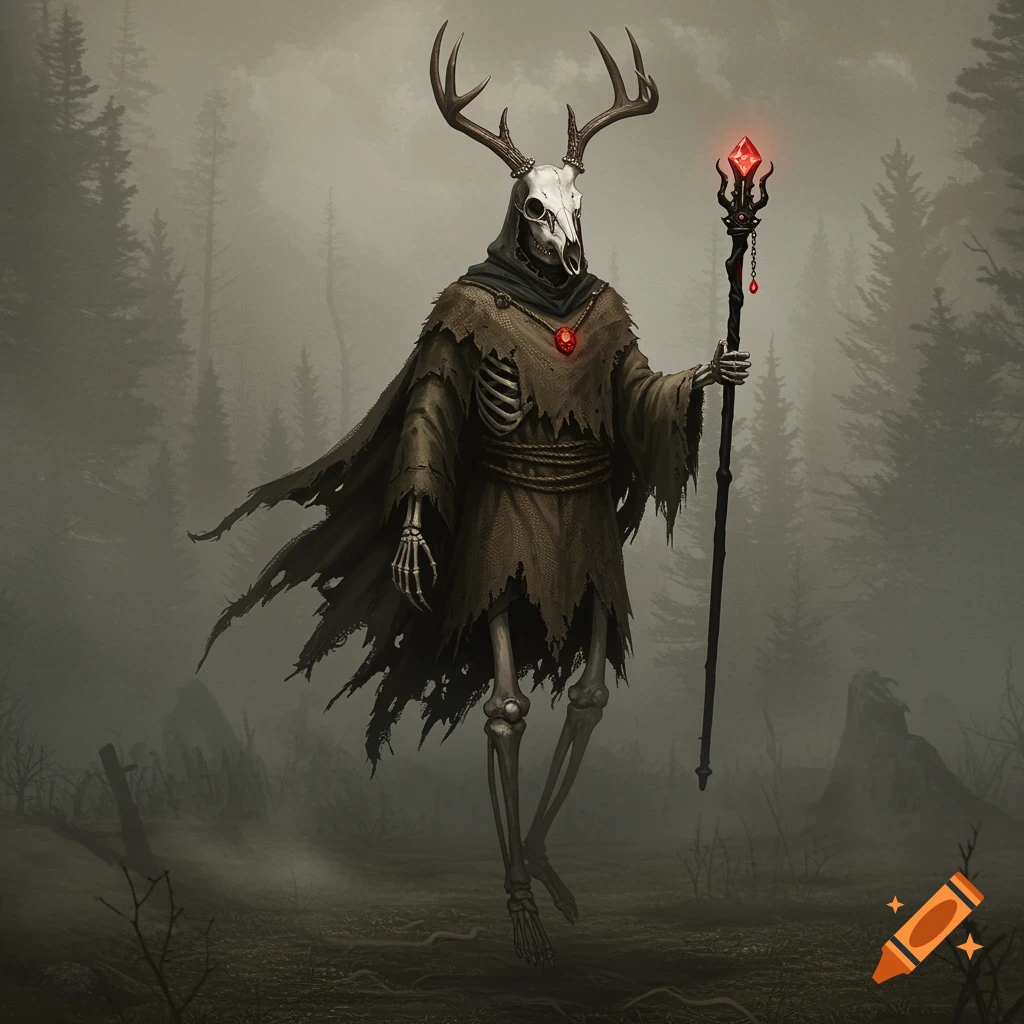 A skeletal figure with a deer skull and antlers, wearing a tattered cloak, floats in a misty forest holding a glowing scepter.