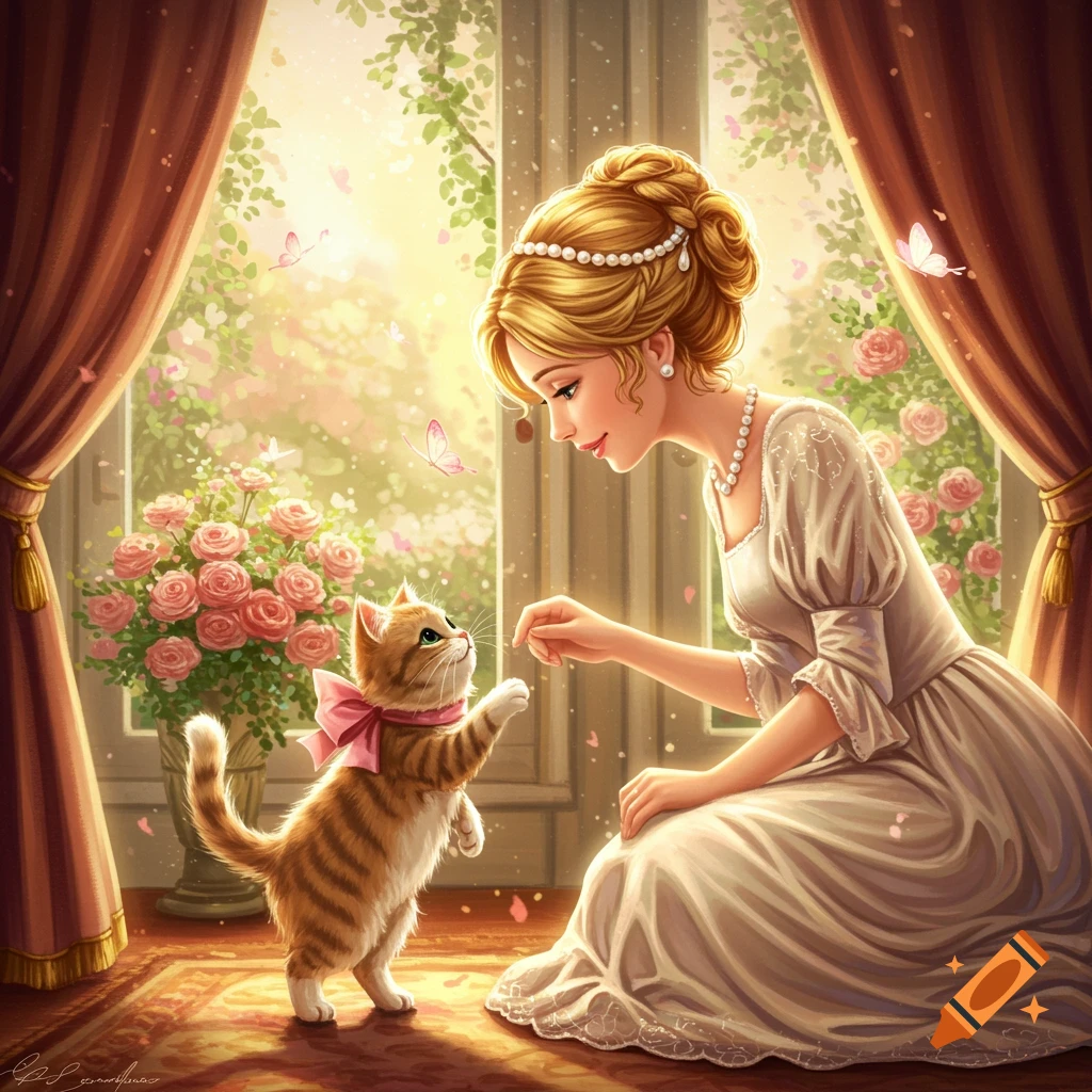 A woman in a white gown kneels, gently interacting with an orange tabby cat wearing a pink bow, by a sunlit window with a garden view.