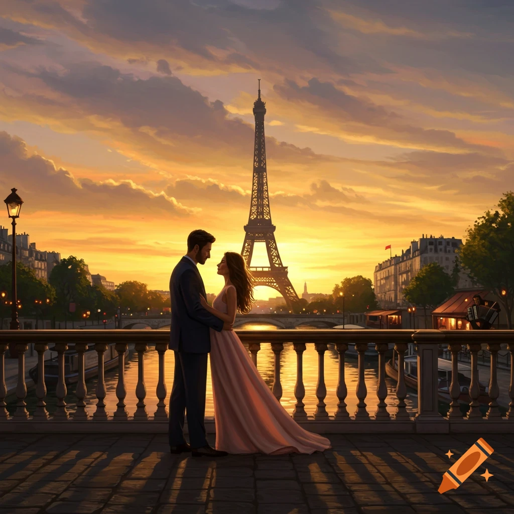 A couple embraces on a bridge in Paris, with the Eiffel Tower silhouetted against a vibrant sunset.