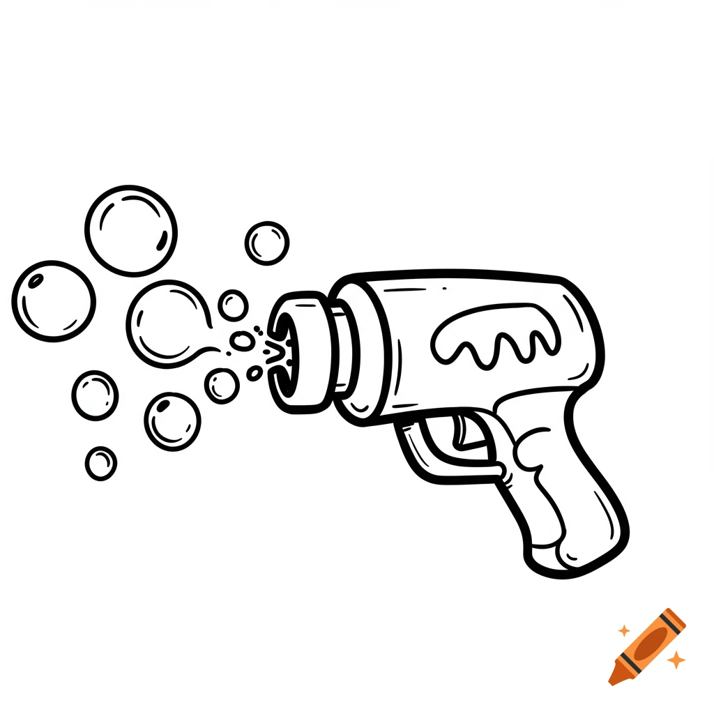 Black and white line art illustration of a bubble gun blowing bubbles.