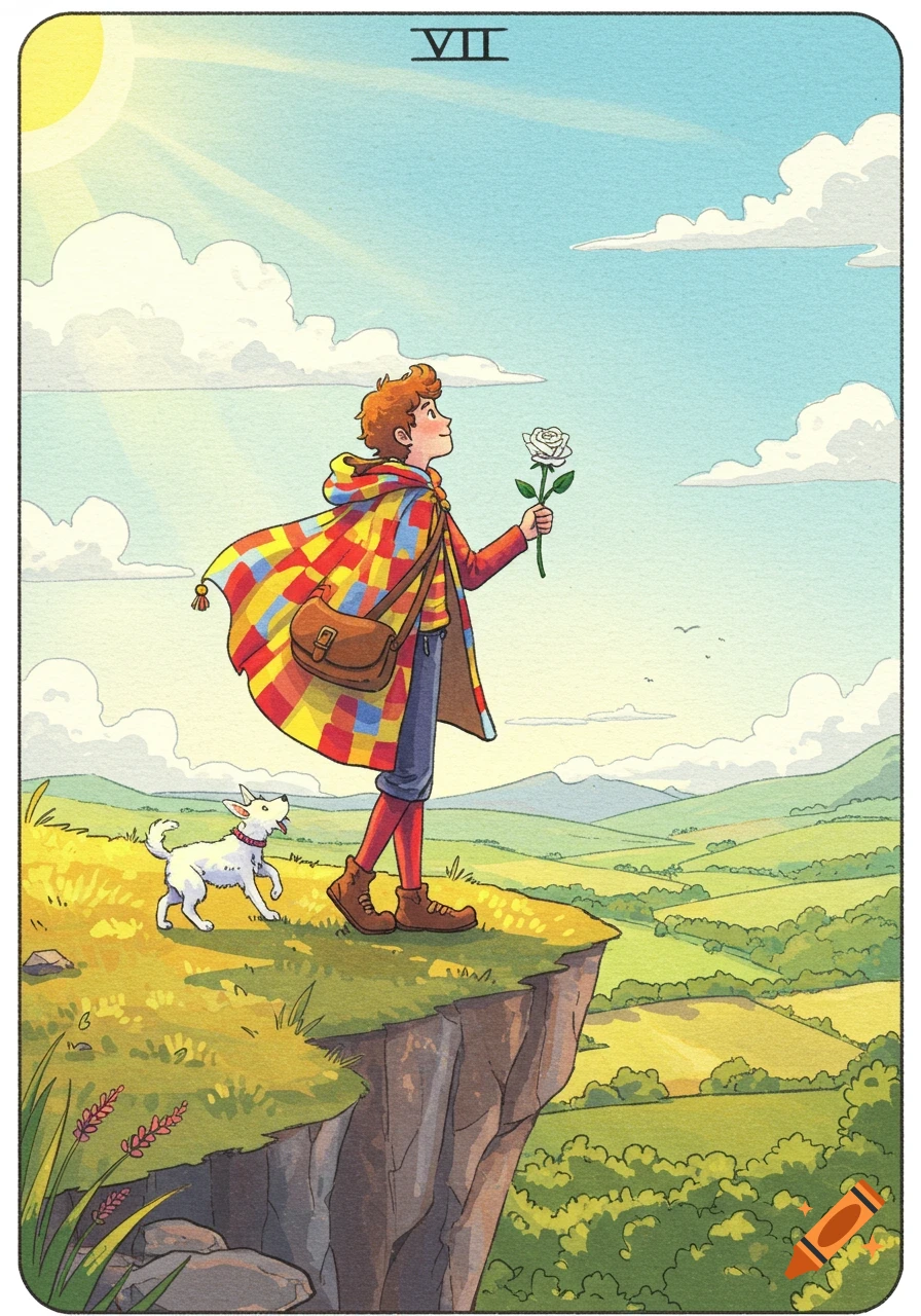 An illustration of a young person in a colorful cloak holding a white rose, standing with a small white dog on a cliff overlooking a green valley under a sunny sky. The Roman numeral VII is at the top.