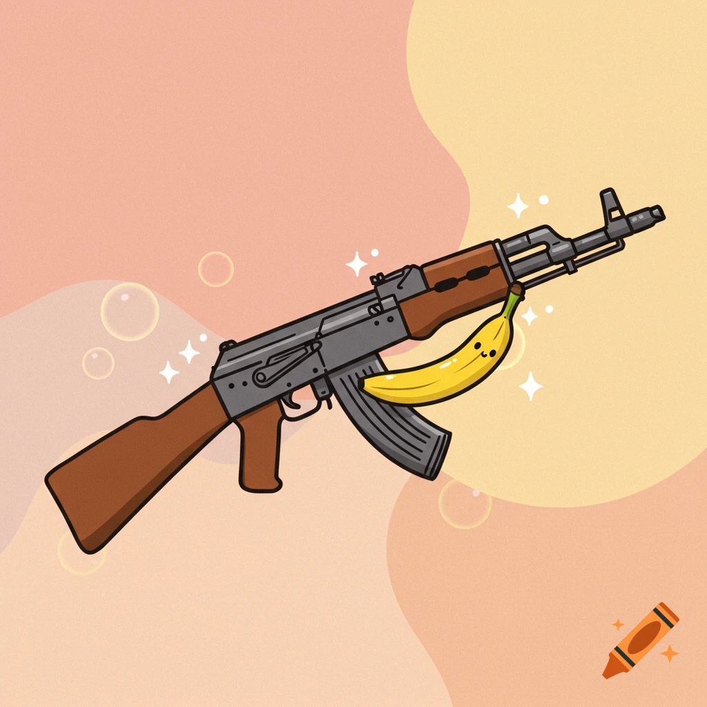 Cartoon AK47 rifle with a smiling banana in the magazine well, on a two-tone background.