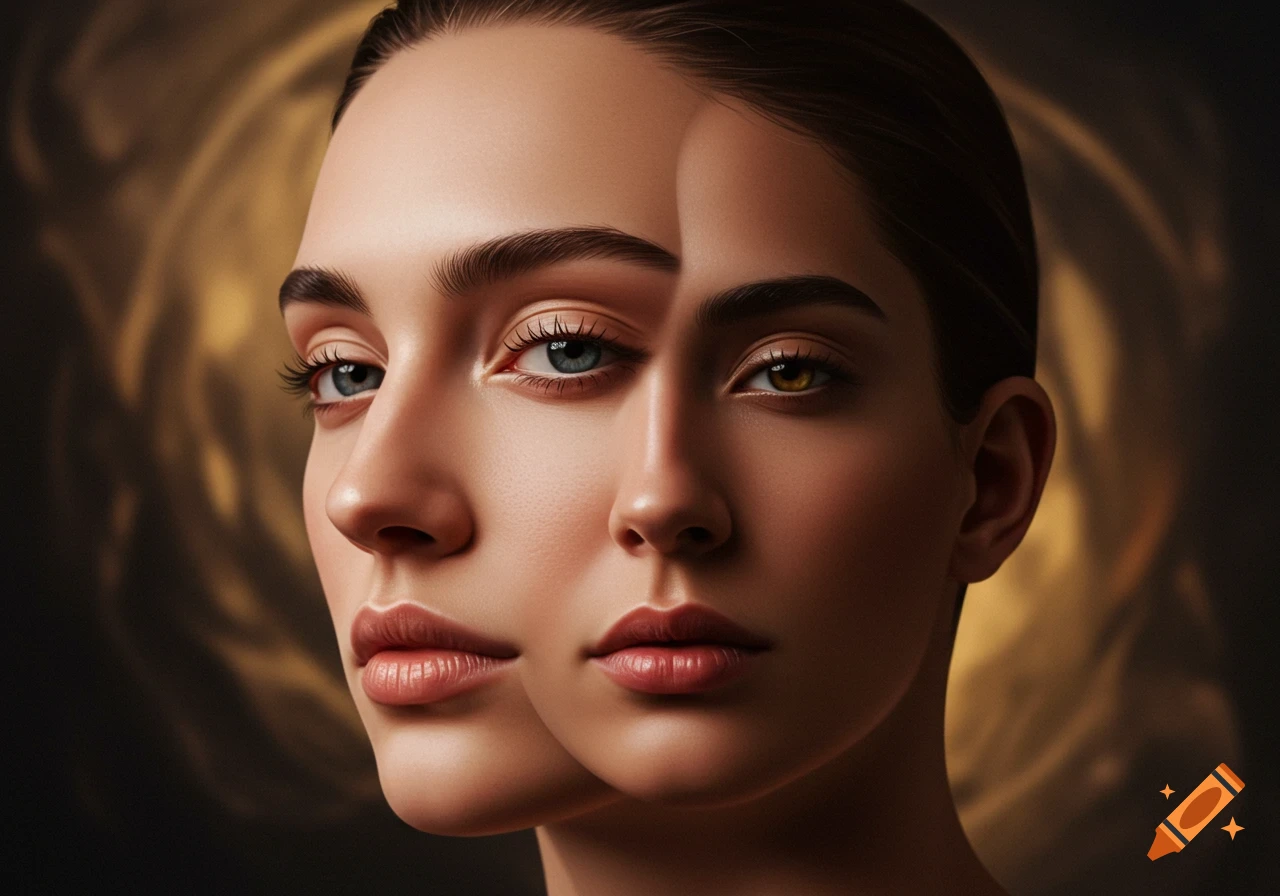 Close-up photorealistic portrait of a woman with two faces blended, one with blue eyes and the other with gold eyes, against a warm, blurred background.