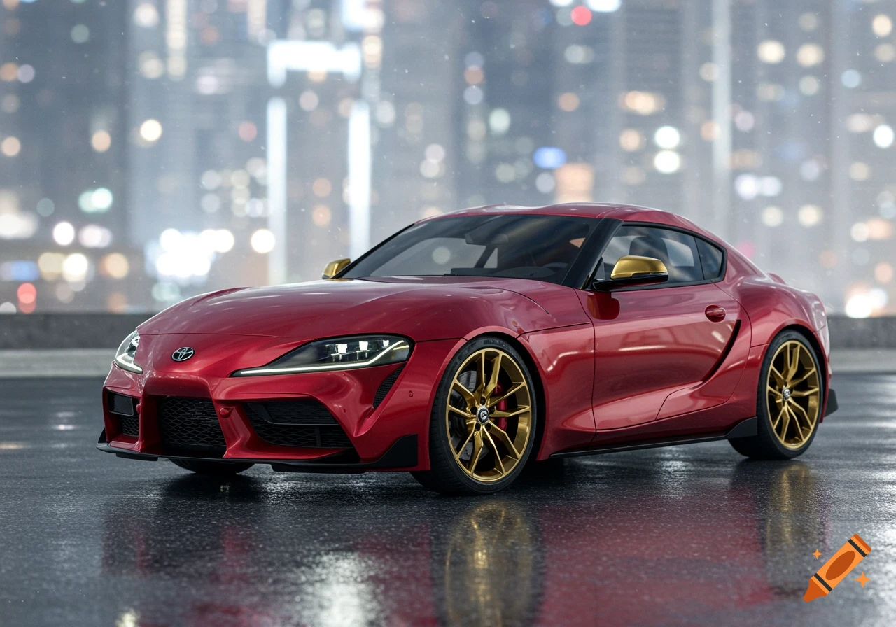 Photorealistic image of a metallic red Toyota Supra sports car with gold wheels and mirrors on a wet surface, with a blurry city background.