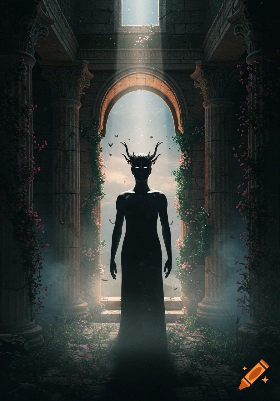 Silhouetted horned figure with glowing eyes stands in a misty, overgrown ancient ruin with light shining through an archway.