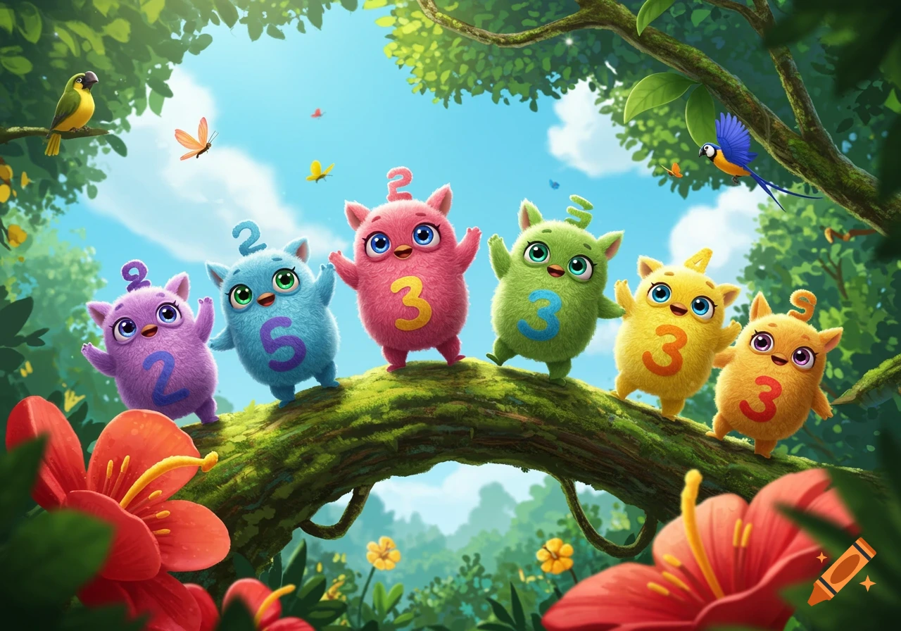 Six colorful, fluffy cartoon creatures with numbers on their chests stand on a mossy tree branch in a vibrant, sunny jungle with birds and flowers.