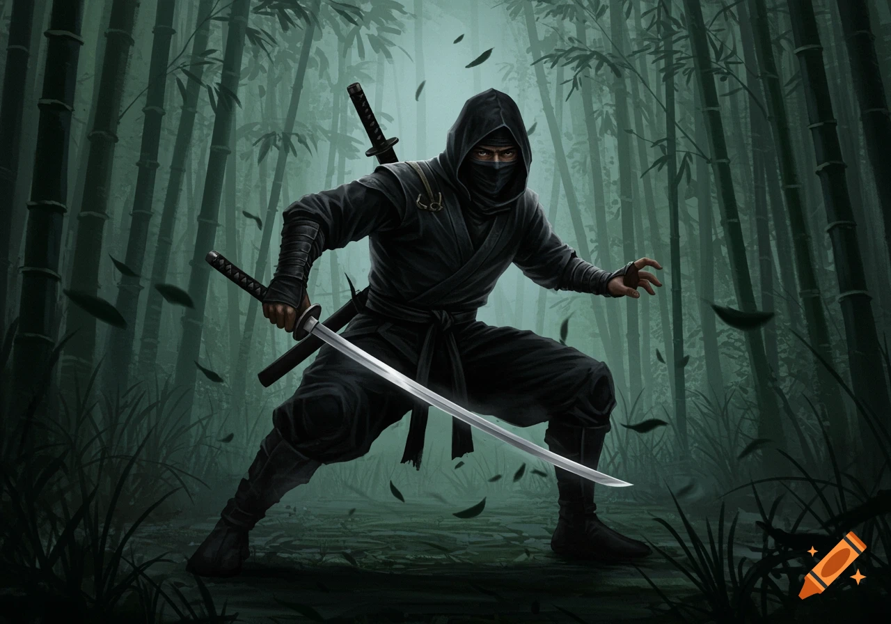 A ninja in a black suit crouches in a bamboo forest, holding a katana sword.