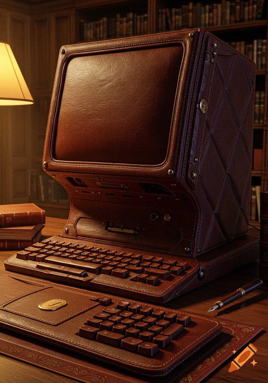 A photorealistic image of a vintage-style computer, keyboard, and mousepad made of brown leather, on a desk in a library.