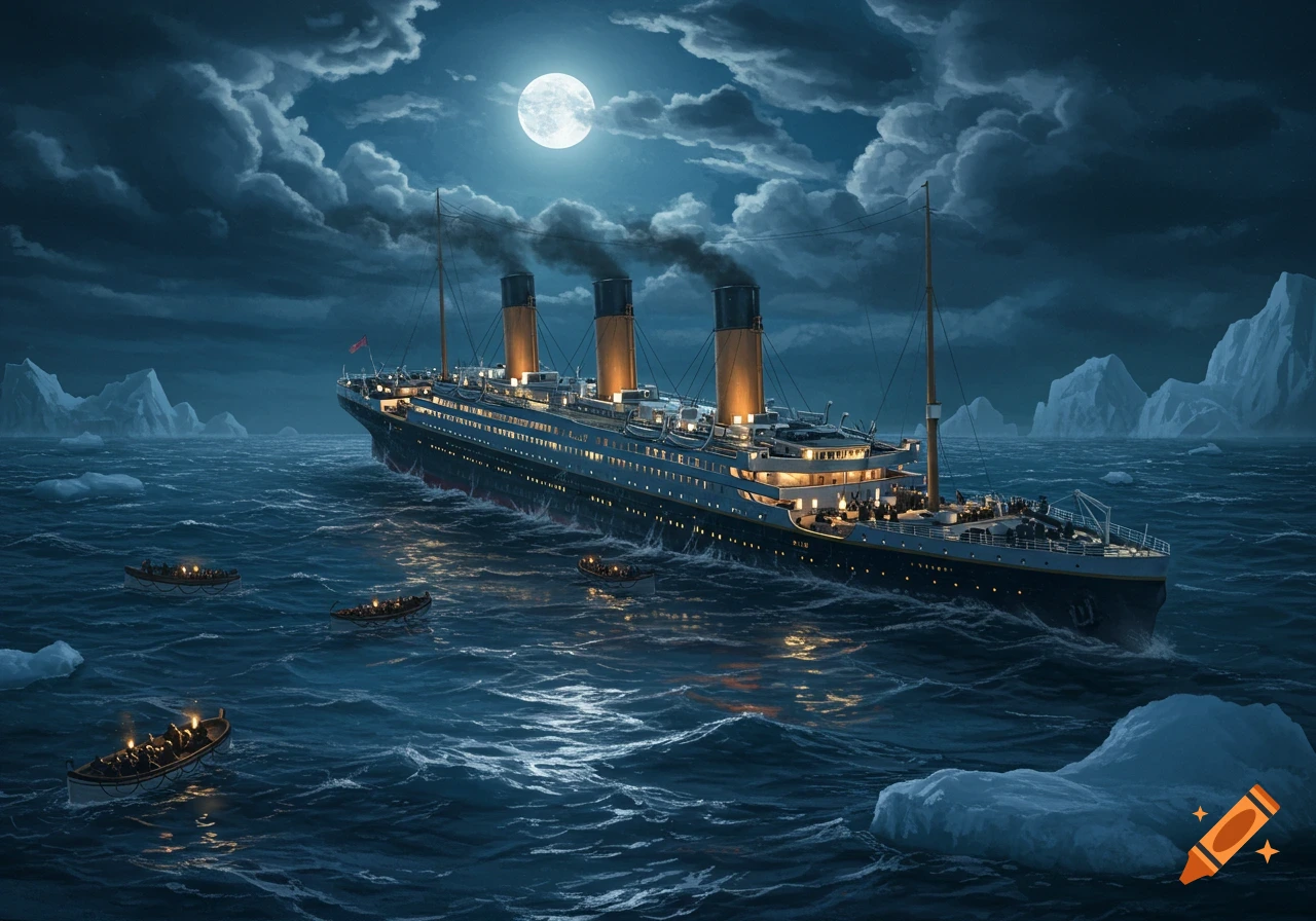 The Titanic ocean liner at night, surrounded by icebergs and lifeboats, under a full moon.