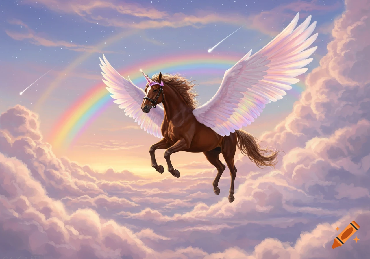 A brown winged unicorn wearing a pink headband flies majestically through a pastel sky filled with clouds and a vibrant rainbow.