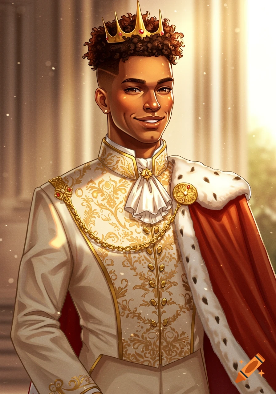 A handsome young man with dark curly hair and a subtle crown smiles, wearing an ornate cream and gold royal jacket and a red cape.