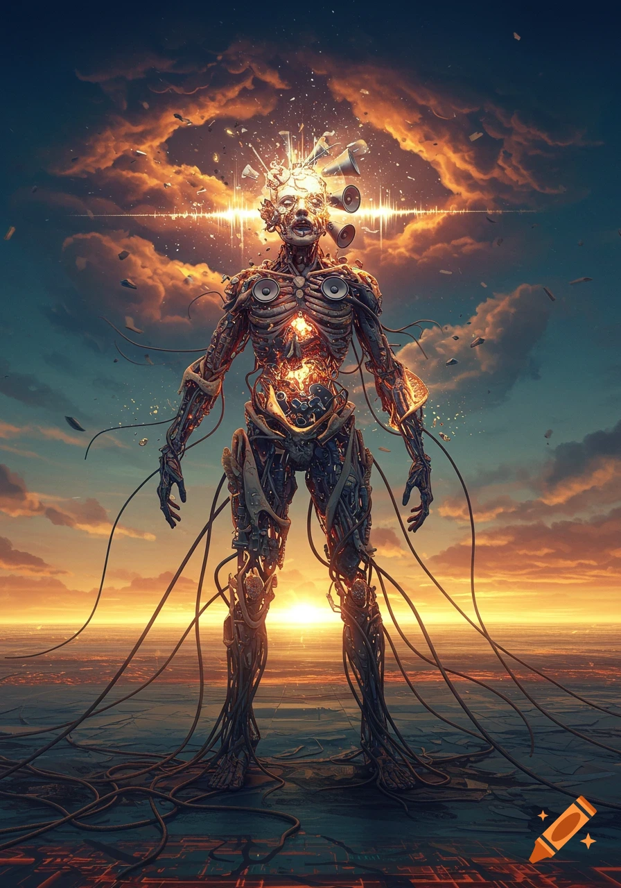 A humanoid figure made of wires, machinery, and speakers stands in a surreal landscape with glowing energy, under a dramatic sky with breaking clouds.