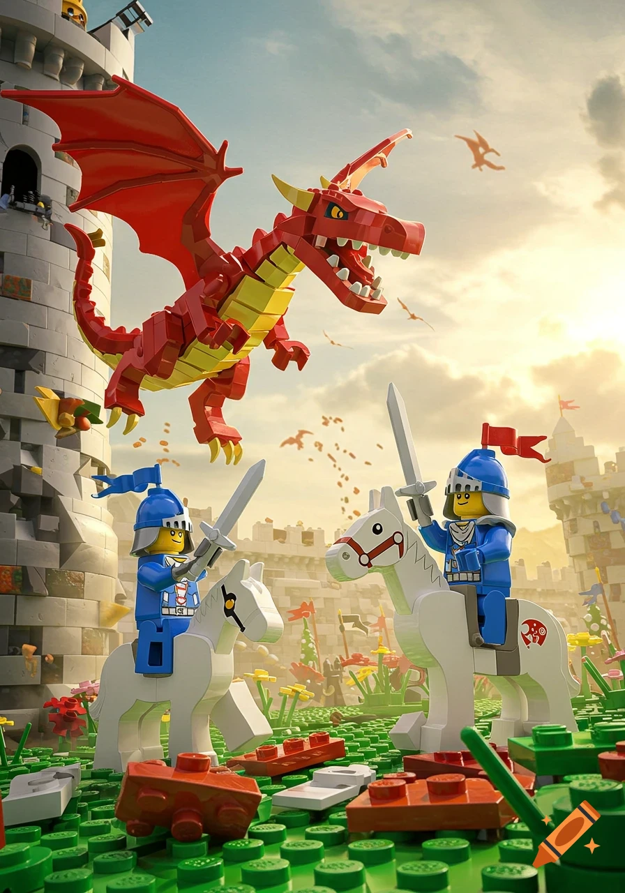 Two Lego knights on white Lego horses face a large red Lego dragon in front of a Lego castle under a bright sky.