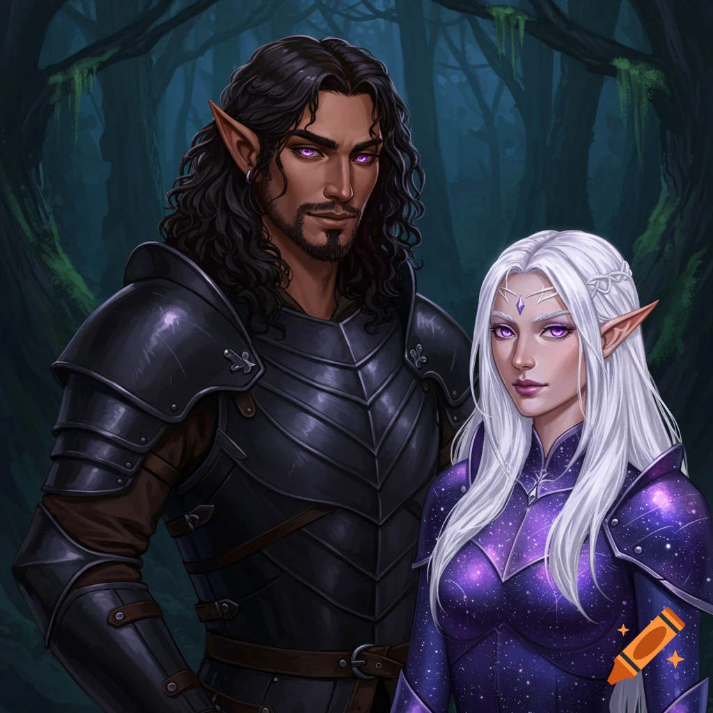 An illustration of a half-elven man in black armor and an elven woman in sparkling purple celestial armor in a dark forest.