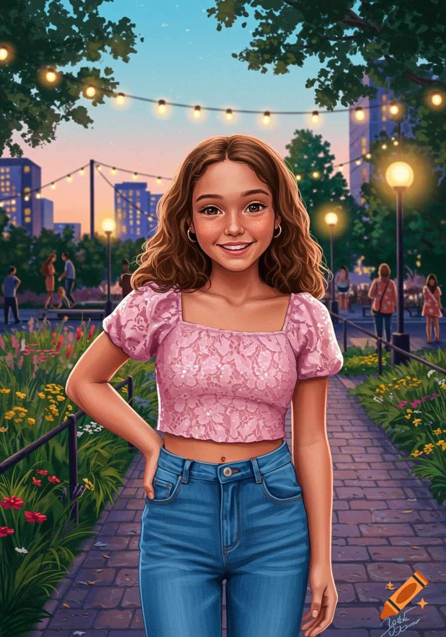 A smiling young woman with brown curly hair and freckles in a pink crop top and blue jeans, stands on a brick path in a park at sunset with string lights.
