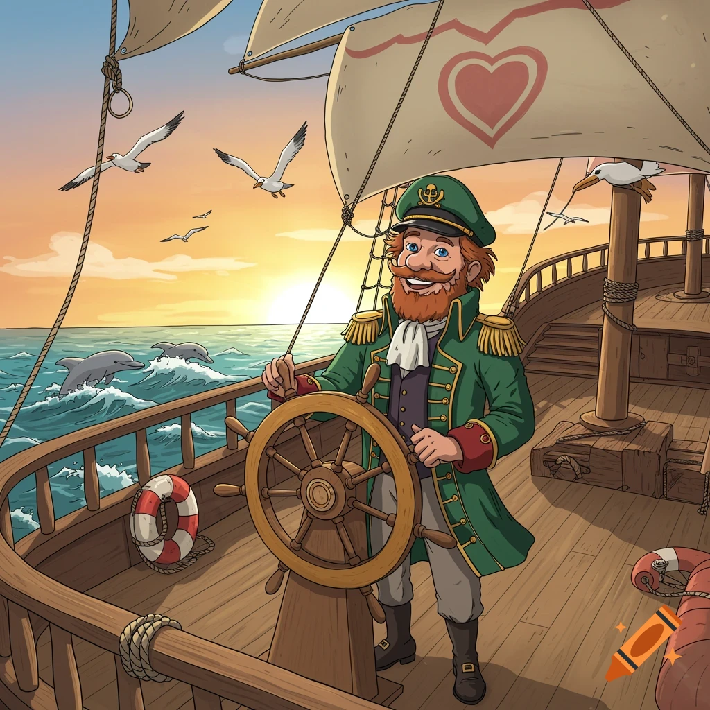 A smiling cartoon captain with a red beard steers a sailing ship at sunset, with dolphins in the water and seagulls flying around.