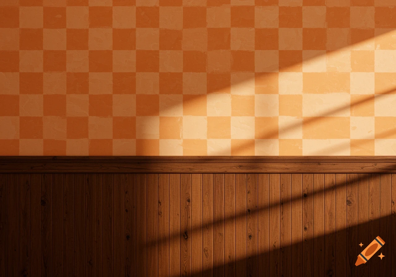 A wall with dark brown wood paneling on the bottom and a light orange checkerboard pattern on top, with sunlight shadows.