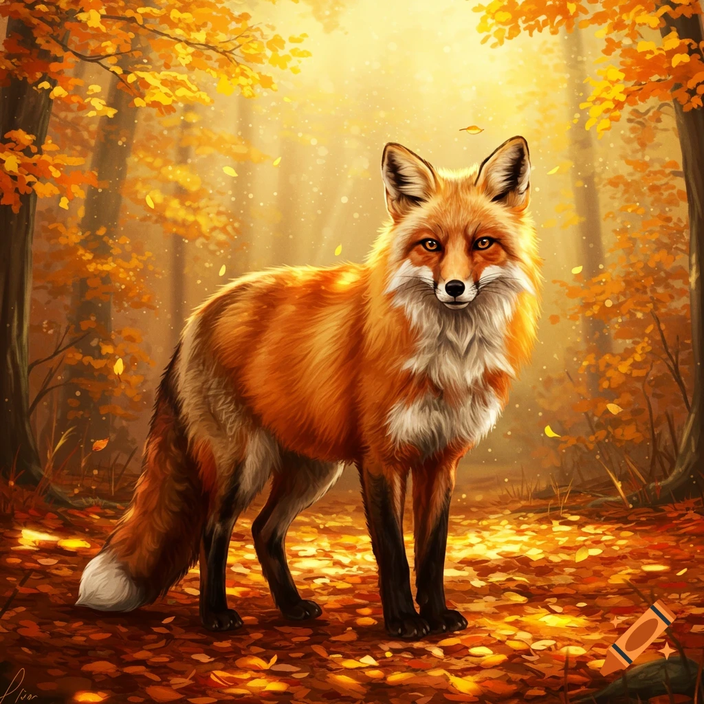 A vibrant orange fox stands in an enchanting autumn forest with golden leaves and dappled sunlight.