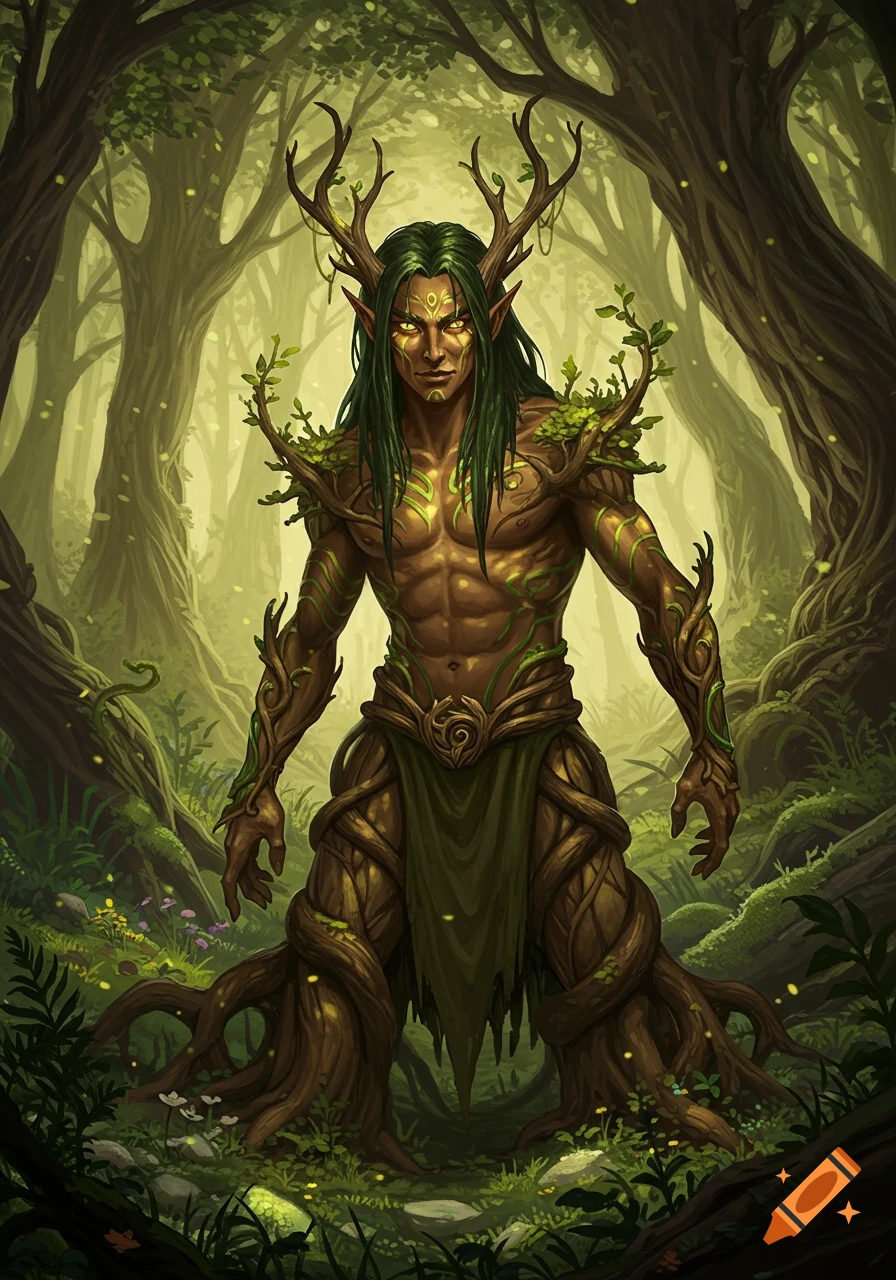 A mystical wood elf druid with antlers and vine tattoos stands in a vibrant, lush forest.