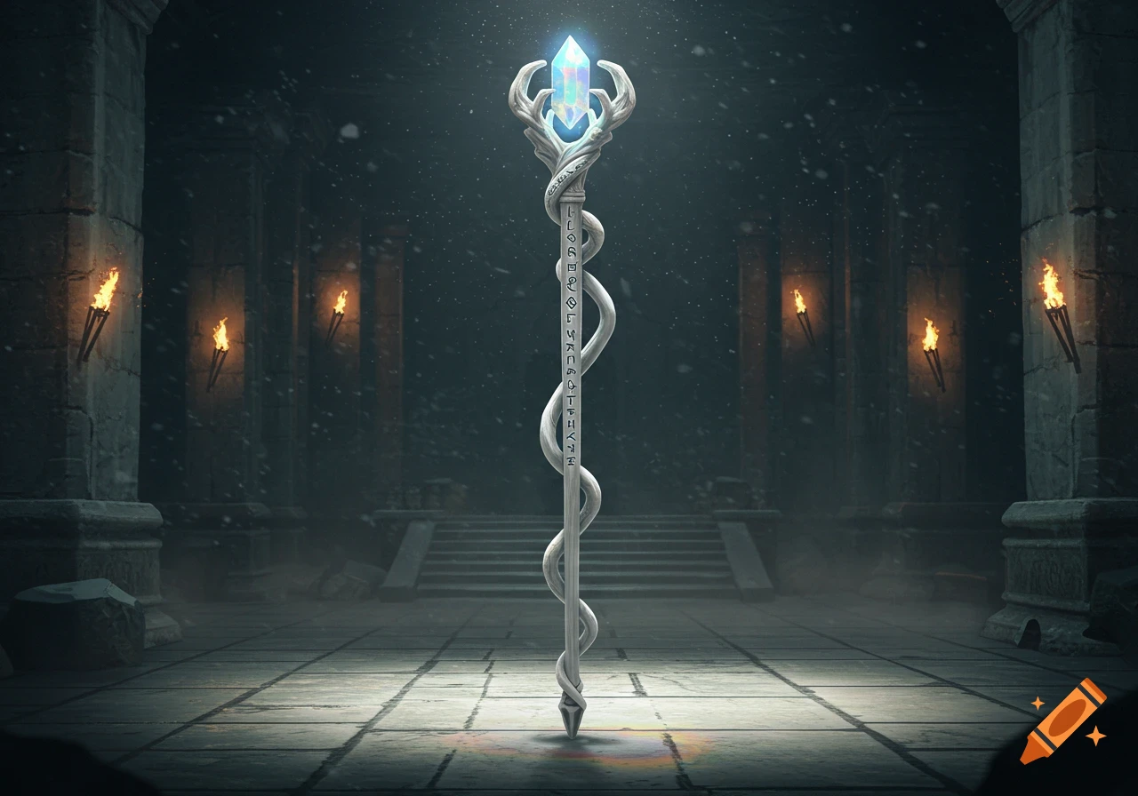 A glowing crystal-topped staff with ornate carvings and a serpentine design stands in a dark, snowy ancient stone chamber with torches on the walls.