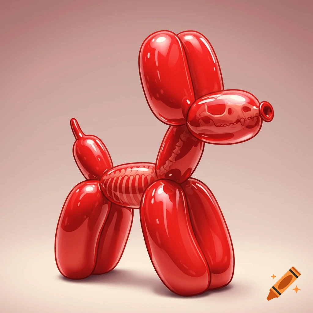 A cartoon drawing of a shiny red balloon dog with a translucent body revealing its internal skeleton.