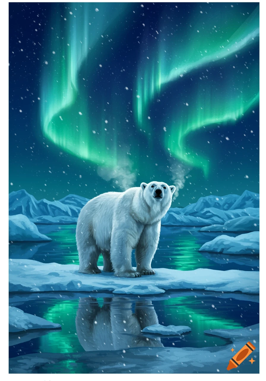 A white polar bear stands on an ice floe, reflected in water, under a green aurora borealis sky with falling snow. Artistic style.