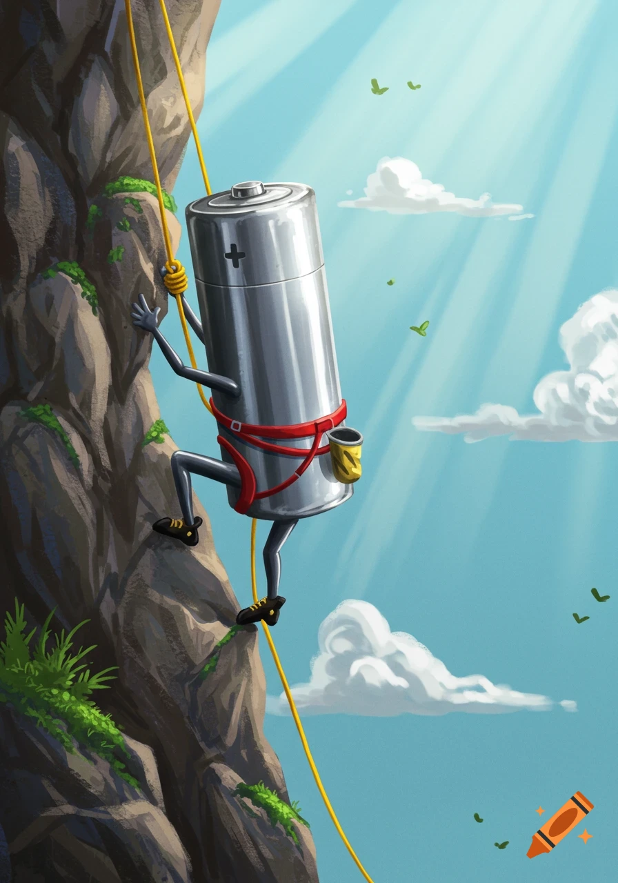 An anthropomorphic battery wearing a harness and shoes, actively rock climbing up a mountain with a rope under a sunny blue sky, in an illustration style.
