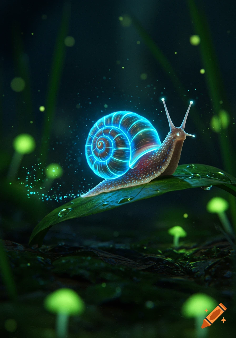 A glowing blue snail sits on a green leaf with water droplets, surrounded by luminous green mushrooms and particles in a dark, magical forest.