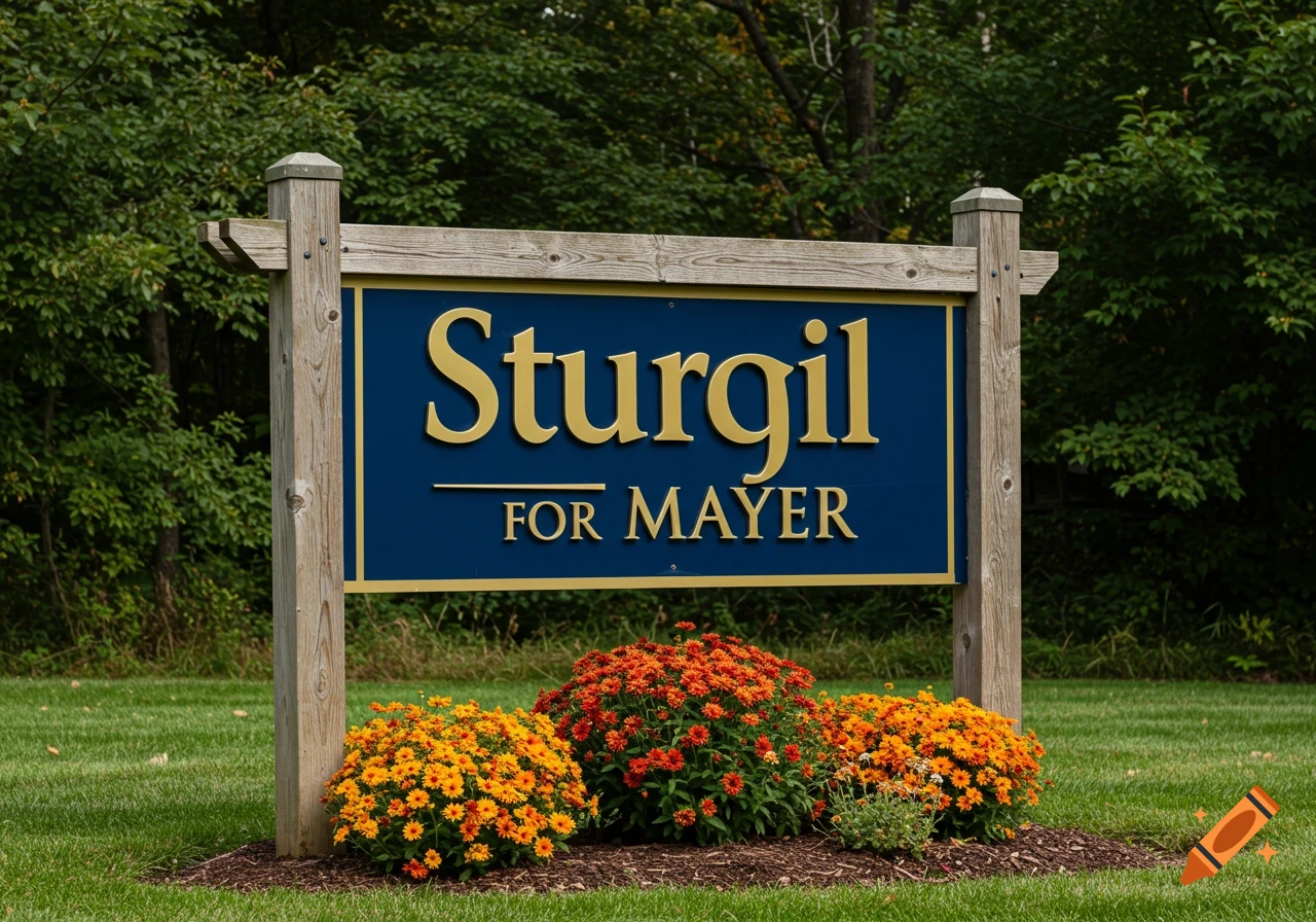 A wooden campaign sign with a blue panel reads 'Sturgil FOR MAYER', surrounded by orange and red flowers in a grassy field.